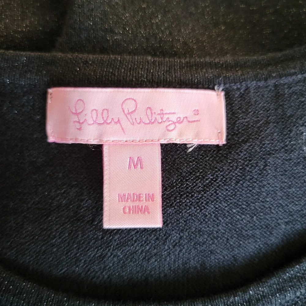 Lilly Pulitzer Burke Onyx Metallic Pullover Cold Shoulder Ruffle Sweater Black M - Picture 10 of 10